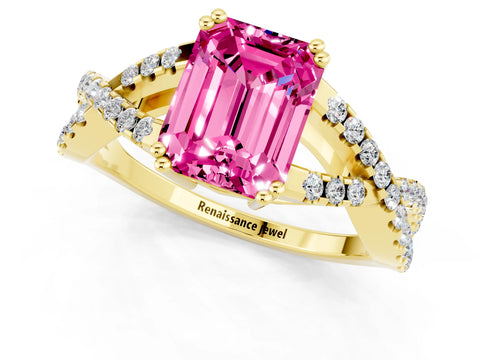 Yellow gold Emerald Cut Pink Sapphire Solitaire Ring with Four-Prong Setting and Twisted Pavé Band_13