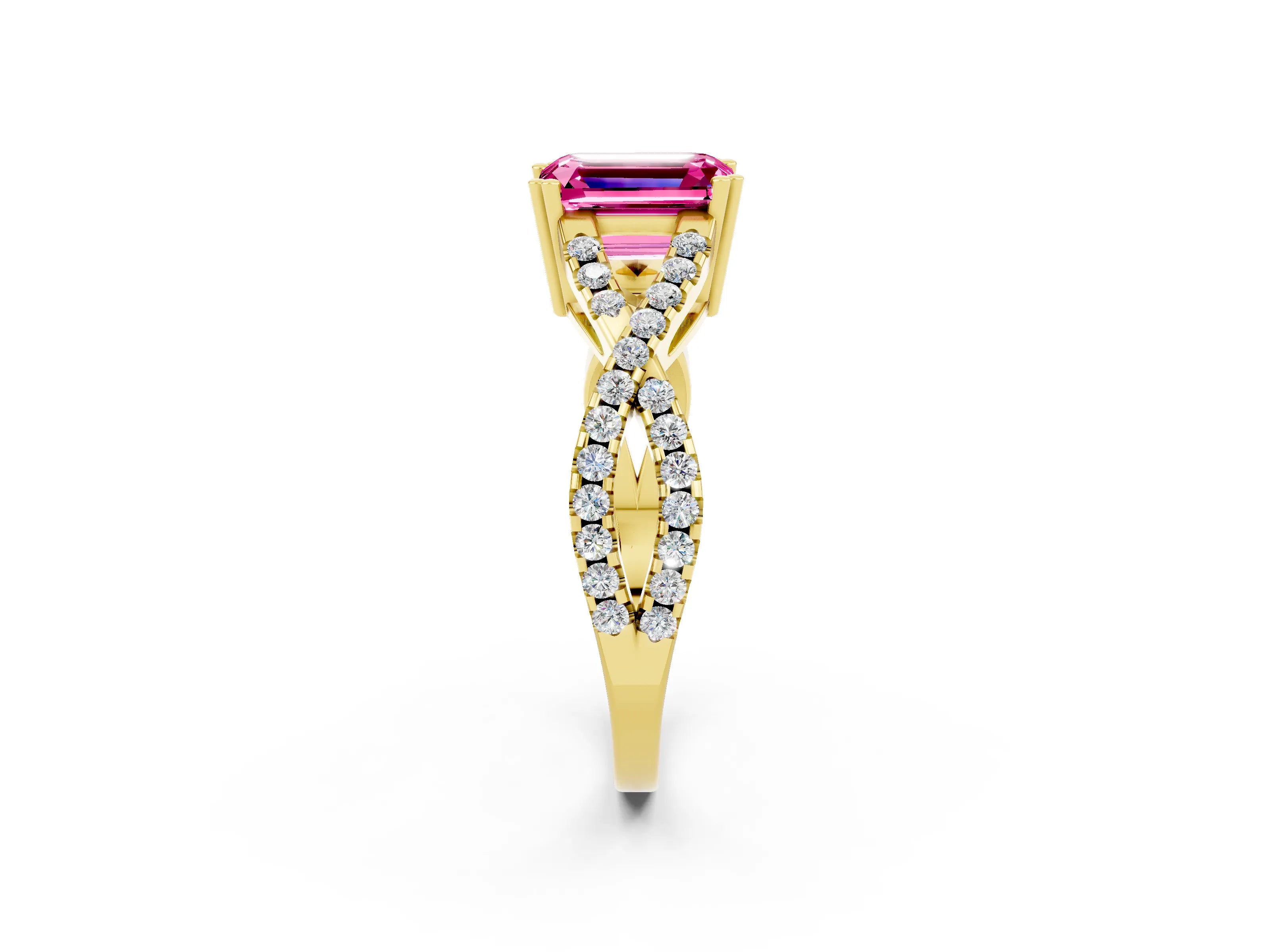 Yellow gold Emerald Cut Pink Sapphire Solitaire Ring with Four-Prong Setting and Twisted Pavé Band_14
