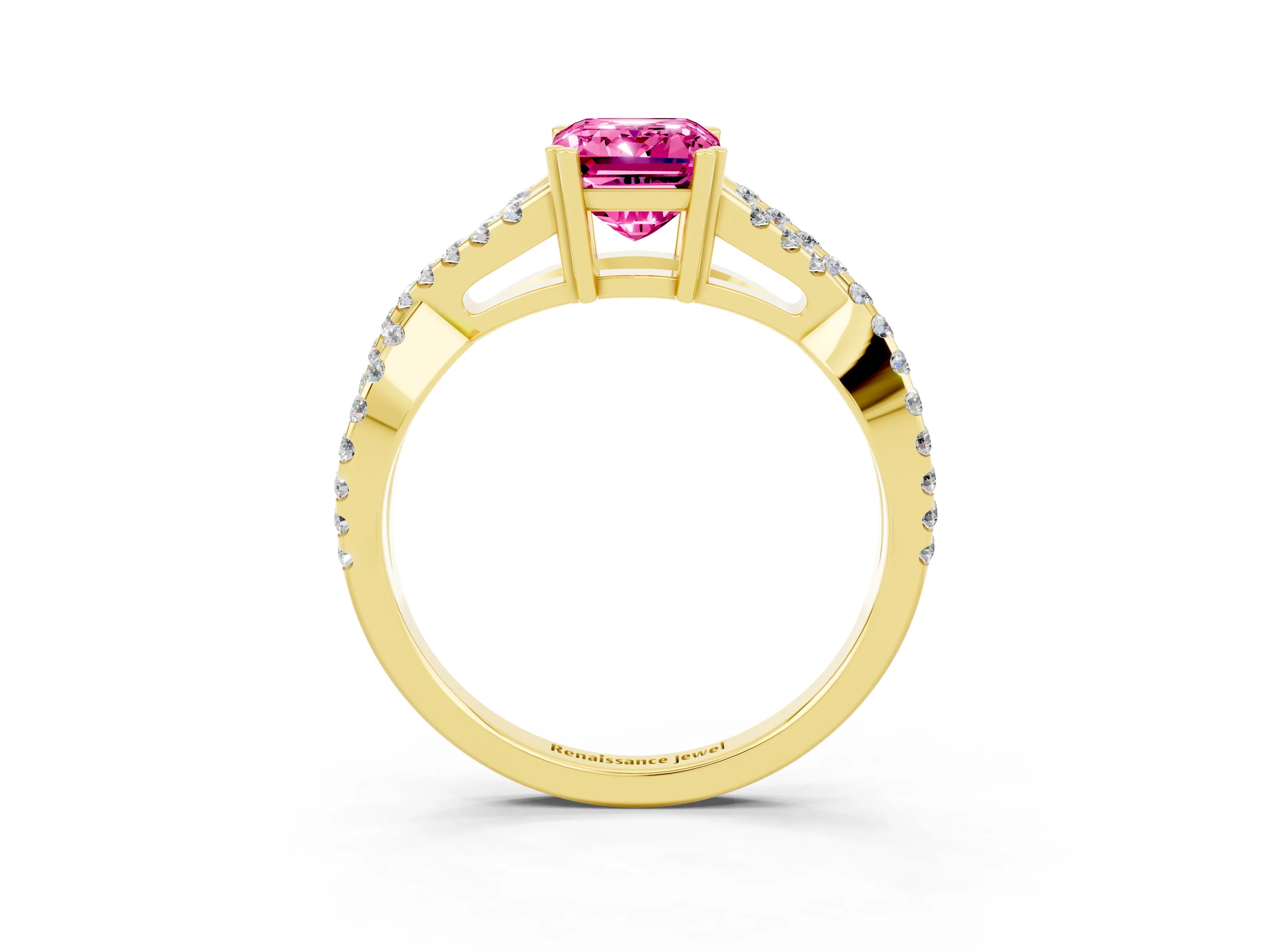 Yellow gold Emerald Cut Pink Sapphire Solitaire Ring with Four-Prong Setting and Twisted Pavé Band_15