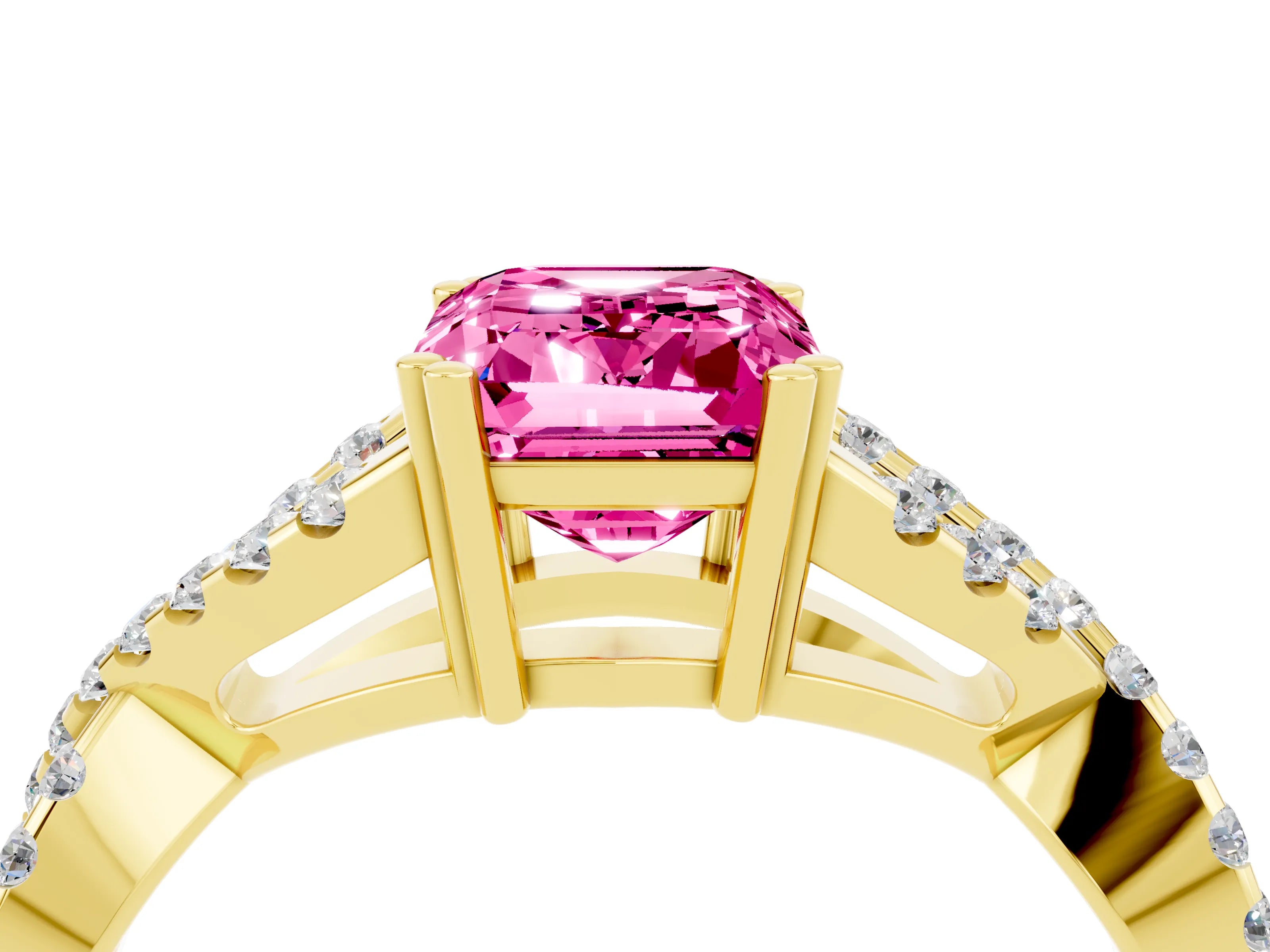 Yellow gold Emerald Cut Pink Sapphire Solitaire Ring with Four-Prong Setting and Twisted Pavé Band_16