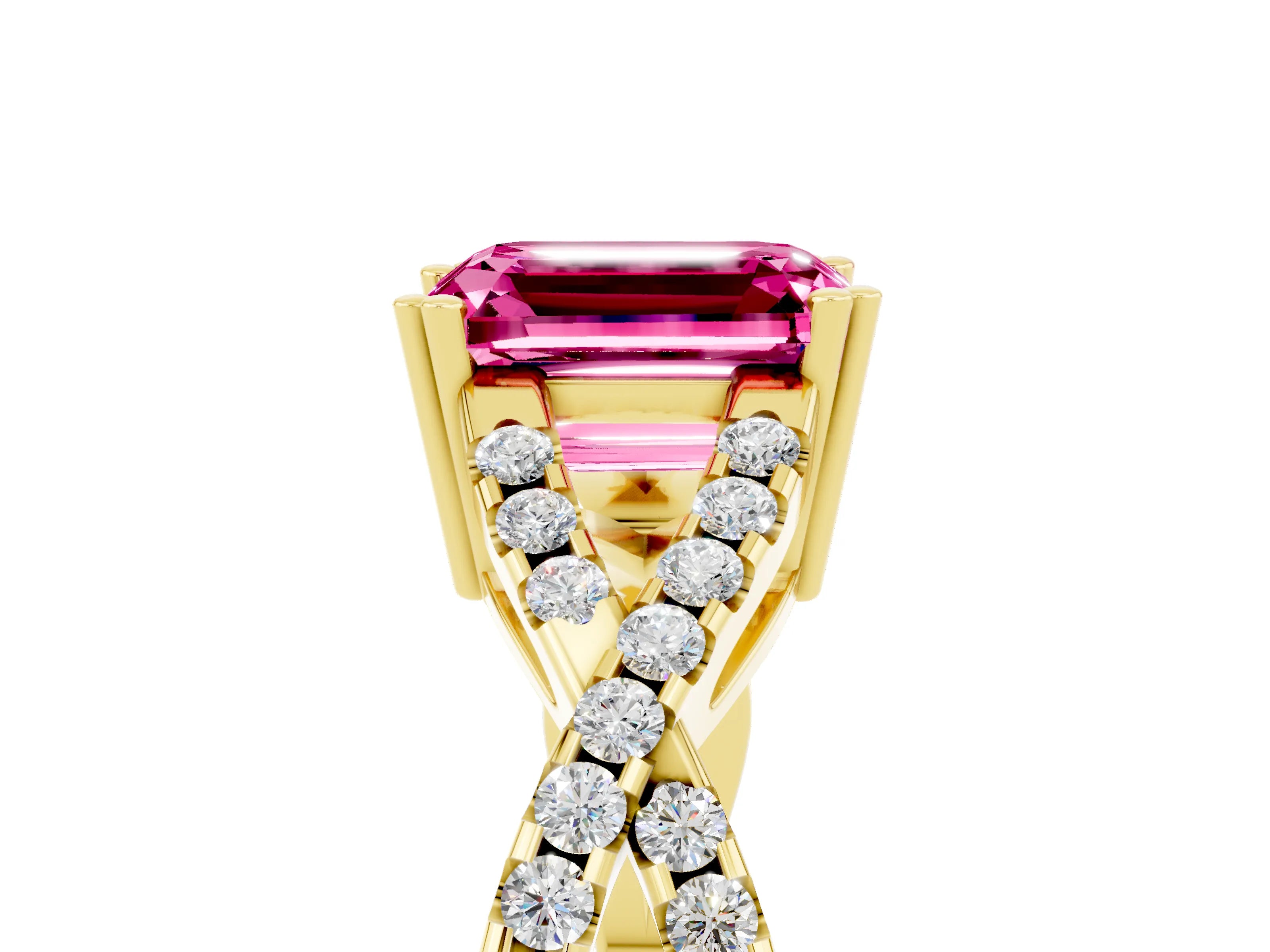 Yellow gold Emerald Cut Pink Sapphire Solitaire Ring with Four-Prong Setting and Twisted Pavé Band_17