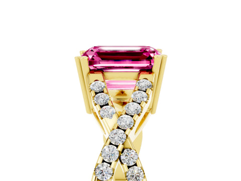 Yellow gold Emerald Cut Pink Sapphire Solitaire Ring with Four-Prong Setting and Twisted Pavé Band_17