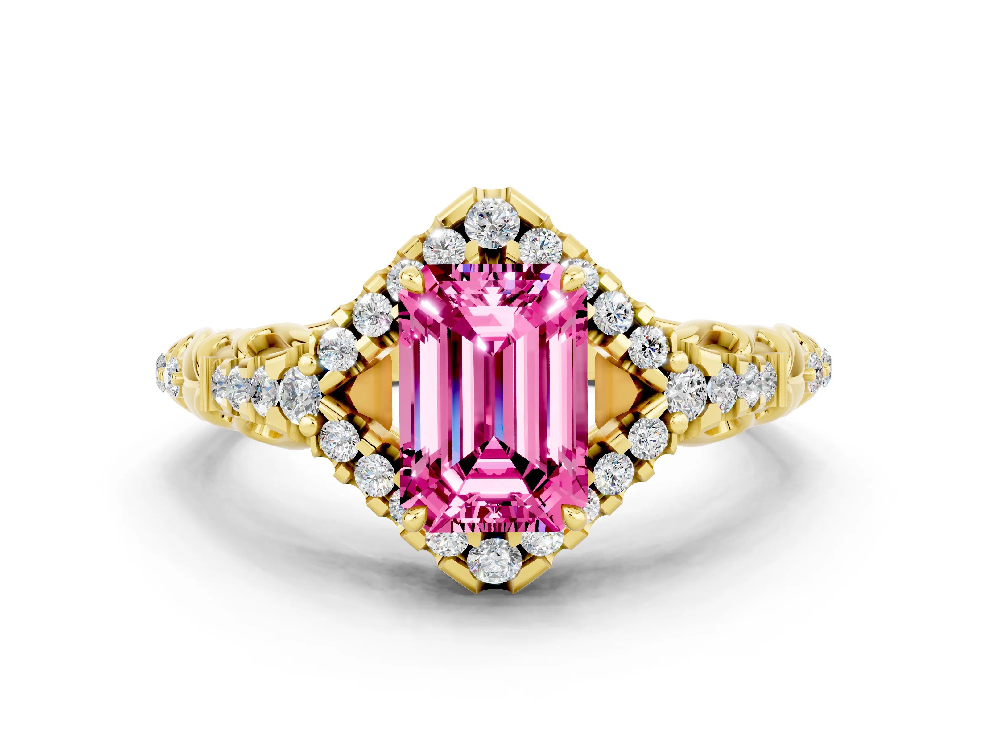 Yellow gold Emerald Cut Pink Sapphire Solitaire Ring with Hidden Halo and Pavé Band_12
