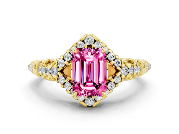 Yellow gold Emerald Cut Pink Sapphire Solitaire Ring with Hidden Halo and Pavé Band