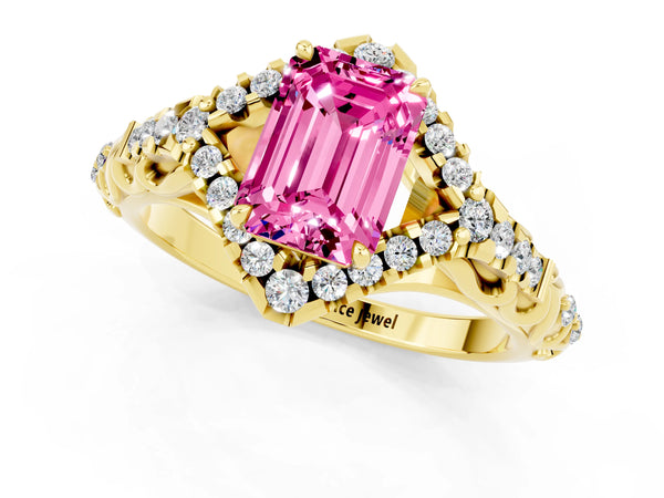 Yellow gold Emerald Cut Pink Sapphire Solitaire Ring with Hidden Halo and Pavé Band