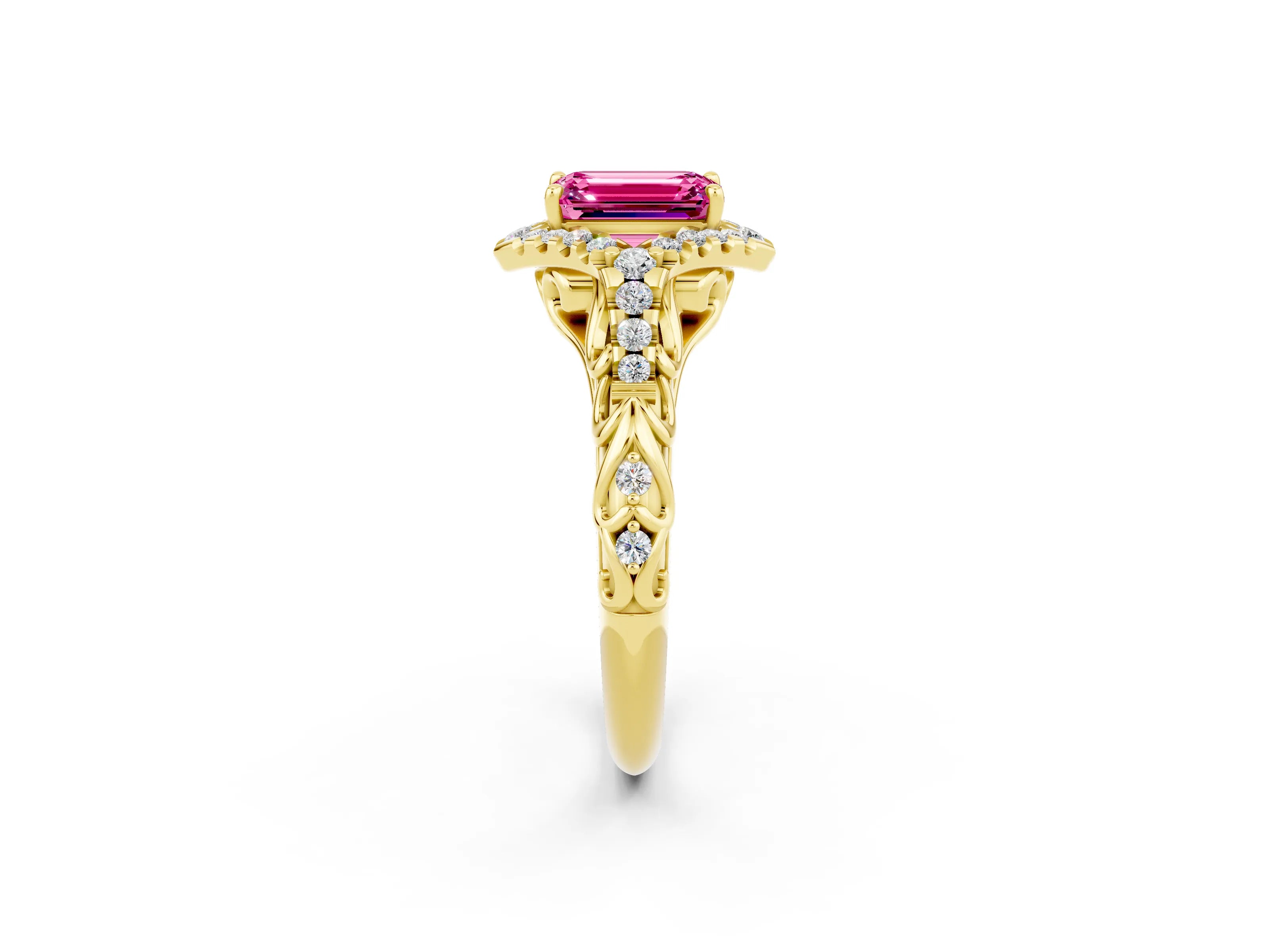 Yellow gold Emerald Cut Pink Sapphire Solitaire Ring with Hidden Halo and Pavé Band_14
