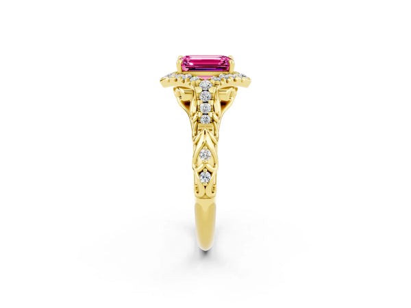 Yellow gold Emerald Cut Pink Sapphire Solitaire Ring with Hidden Halo and Pavé Band