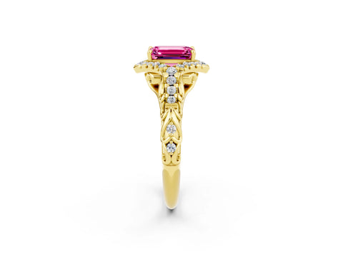Yellow gold Emerald Cut Pink Sapphire Solitaire Ring with Hidden Halo and Pavé Band_14
