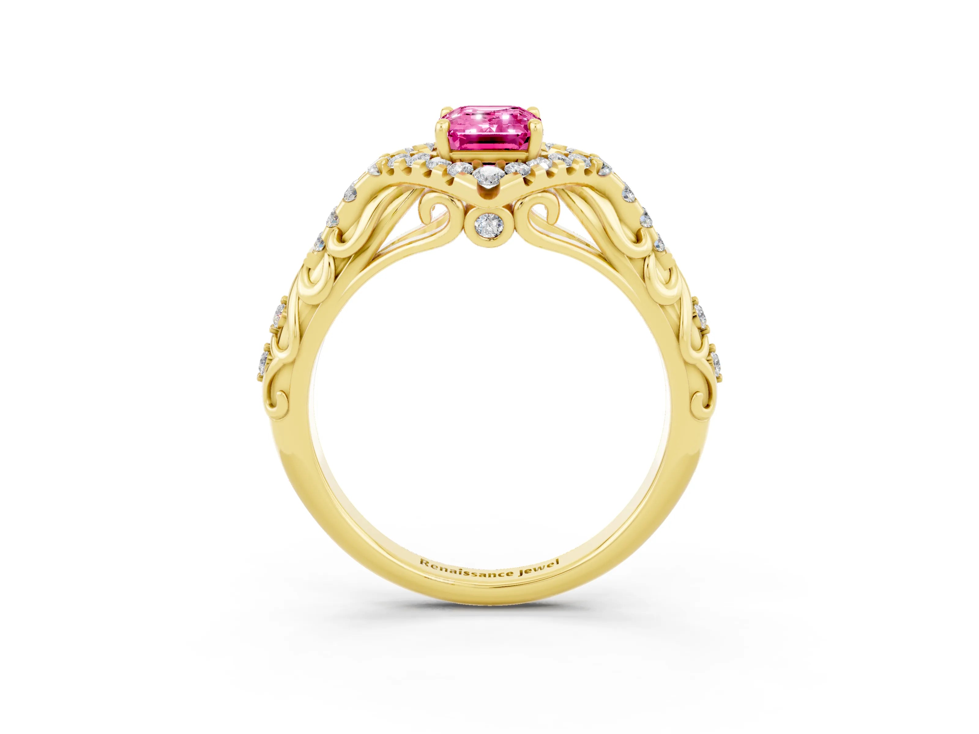 Yellow gold Emerald Cut Pink Sapphire Solitaire Ring with Hidden Halo and Pavé Band_15