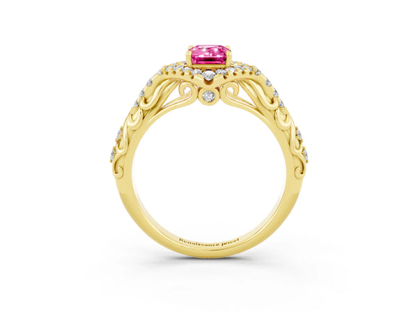 Yellow gold Emerald Cut Pink Sapphire Solitaire Ring with Hidden Halo and Pavé Band