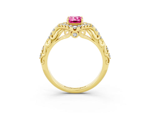 Yellow gold Emerald Cut Pink Sapphire Solitaire Ring with Hidden Halo and Pavé Band_15