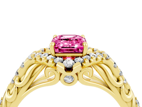 Yellow gold Emerald Cut Pink Sapphire Solitaire Ring with Hidden Halo and Pavé Band_16