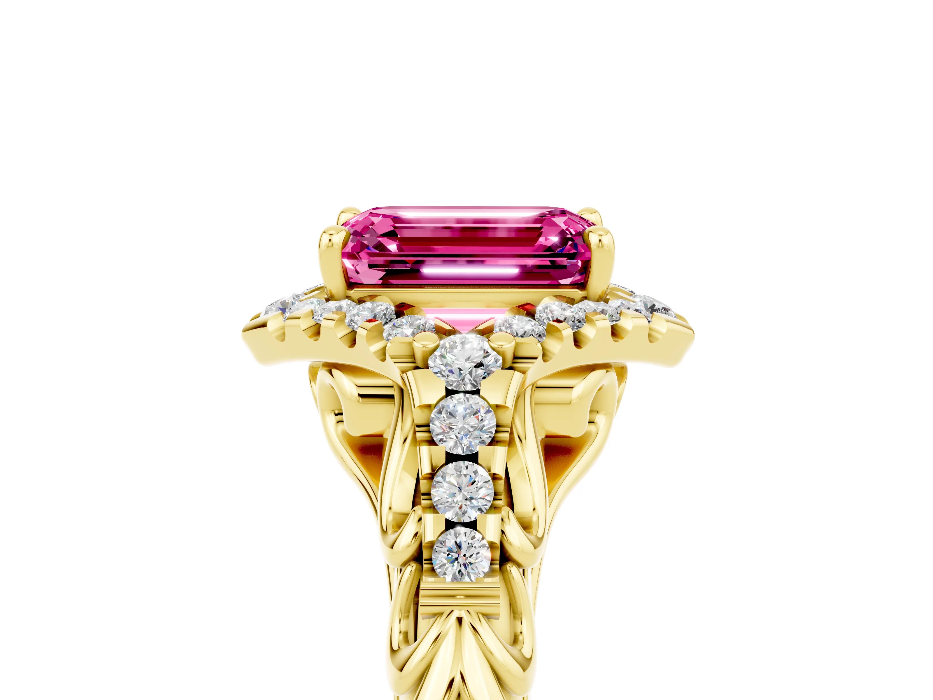 Yellow gold Emerald Cut Pink Sapphire Solitaire Ring with Hidden Halo and Pavé Band_17