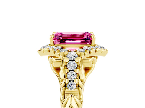 Yellow gold Emerald Cut Pink Sapphire Solitaire Ring with Hidden Halo and Pavé Band_17
