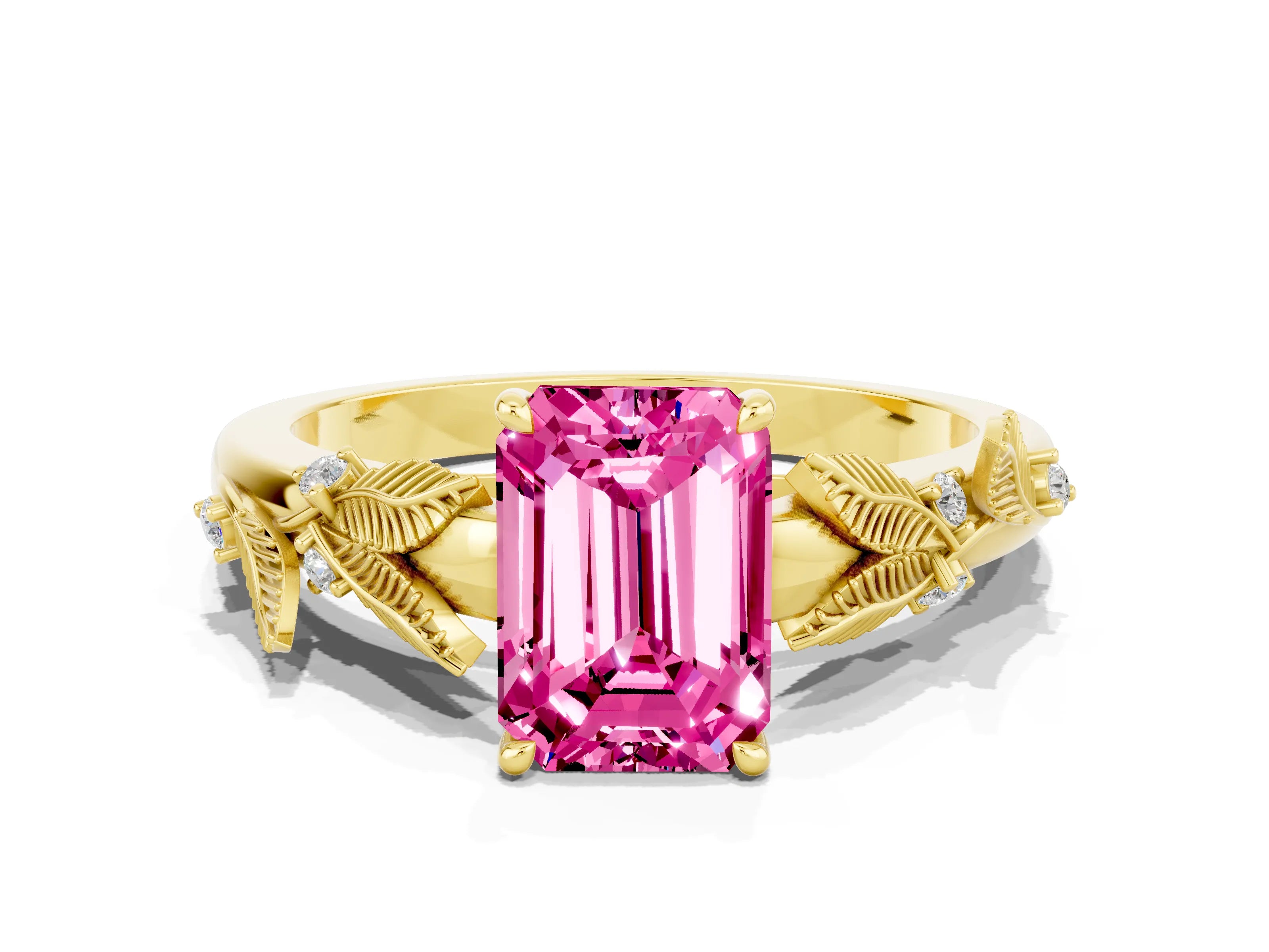 Yellow gold Emerald Cut Pink Sapphire Solitaire Ring with Leaf Motif Band and Four-Prong Setting