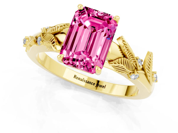 Yellow gold Emerald Cut Pink Sapphire Solitaire Ring with Leaf Motif Band and Four-Prong Setting