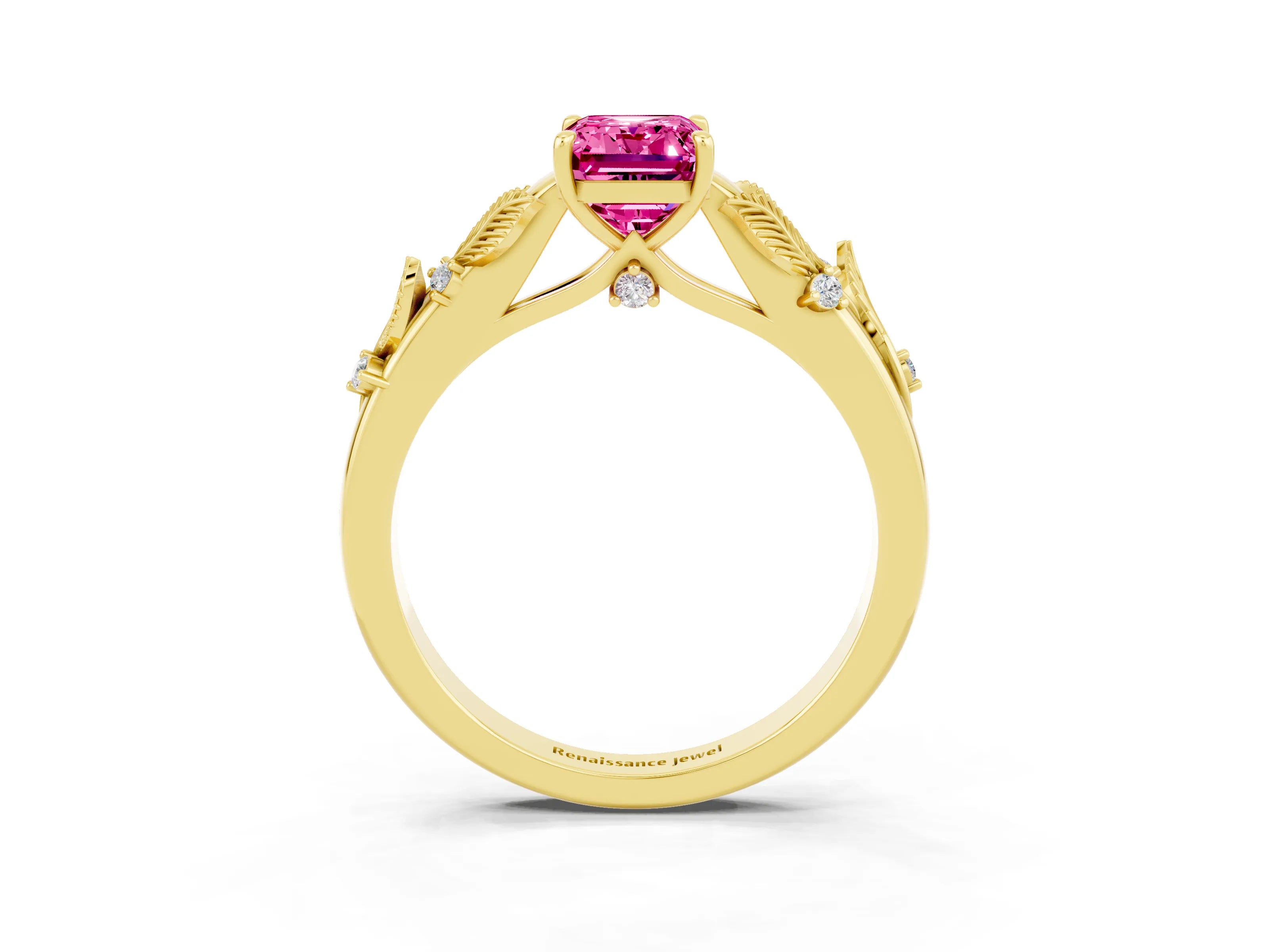 Yellow gold Emerald Cut Pink Sapphire Solitaire Ring with Leaf Motif Band and Four-Prong Setting_3