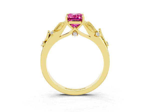 Yellow gold Emerald Cut Pink Sapphire Solitaire Ring with Leaf Motif Band and Four-Prong Setting