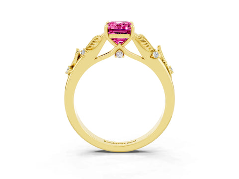 Yellow gold Emerald Cut Pink Sapphire Solitaire Ring with Leaf Motif Band and Four-Prong Setting_3