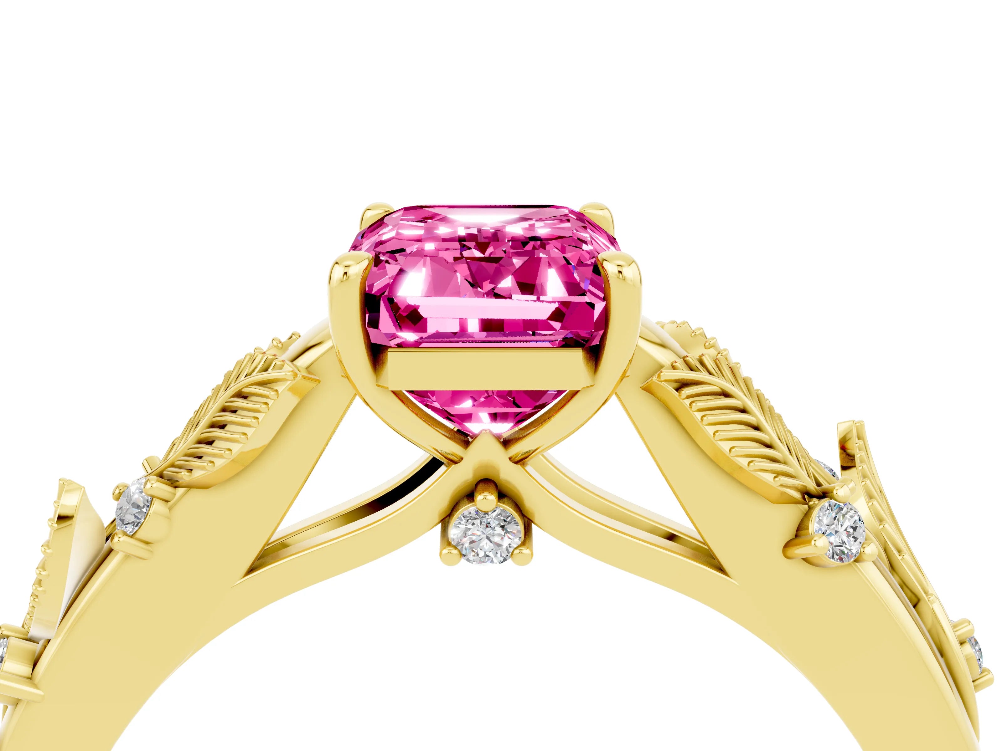 Yellow gold Emerald Cut Pink Sapphire Solitaire Ring with Leaf Motif Band and Four-Prong Setting_4