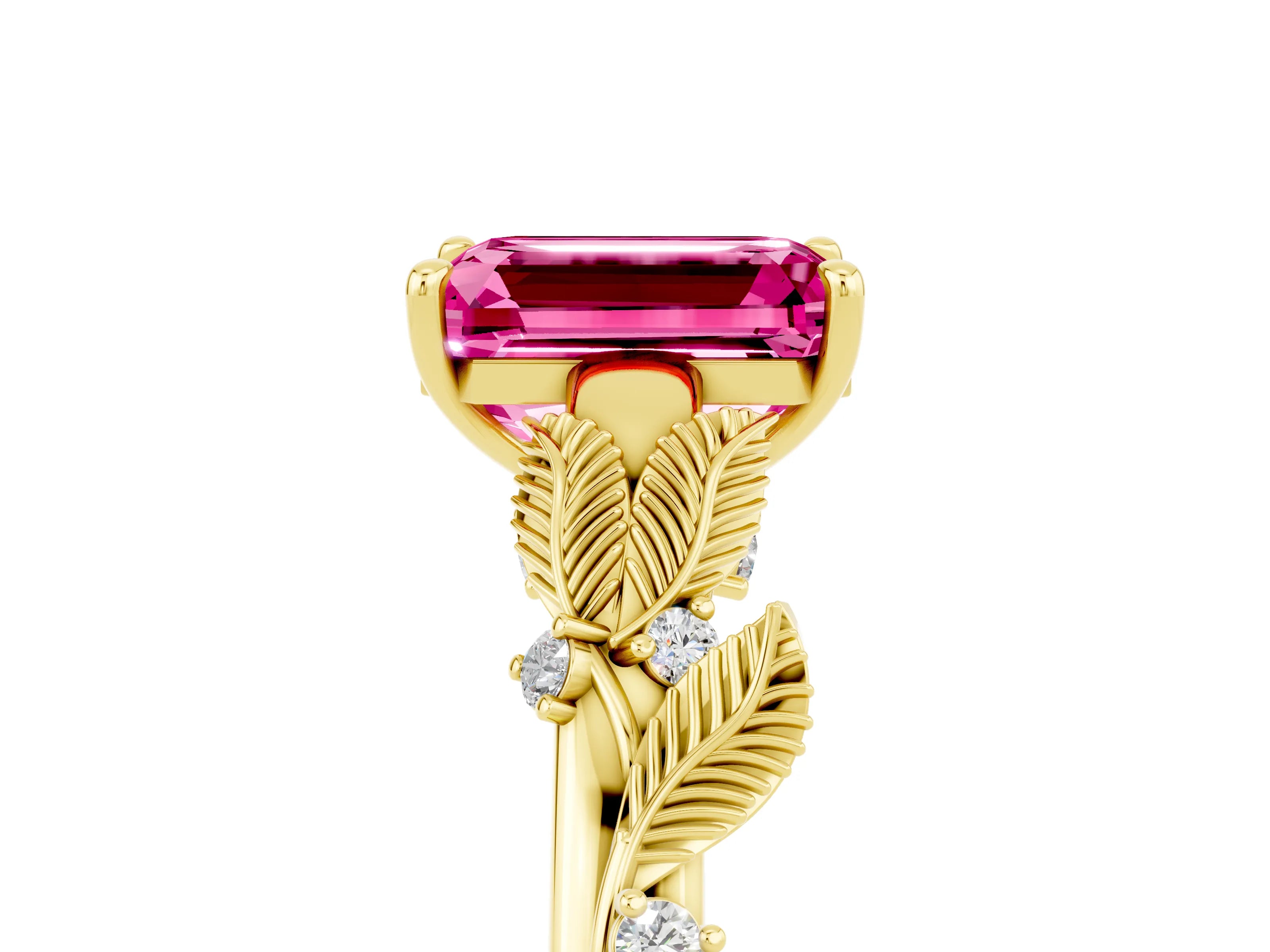 Yellow gold Emerald Cut Pink Sapphire Solitaire Ring with Leaf Motif Band and Four-Prong Setting_5