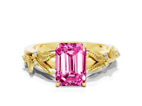 Yellow gold Emerald Cut Pink Sapphire Solitaire Ring with Leaf Motif Band and Four-Prong Setting
