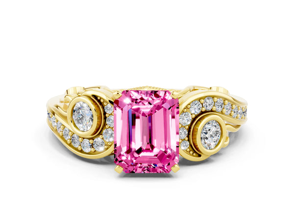 Yellow gold Emerald Cut Pink Sapphire Solitaire Ring with Milgrain Pavé Band and Four-Prong Setting