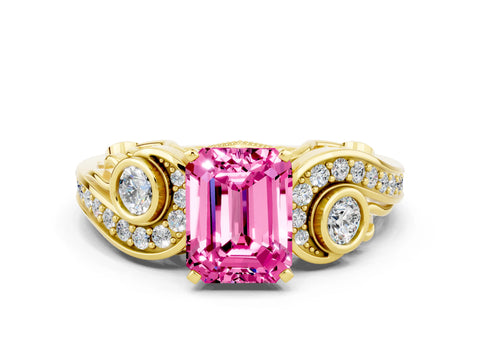 Yellow gold Emerald Cut Pink Sapphire Solitaire Ring with Milgrain Pavé Band and Four-Prong Setting_24