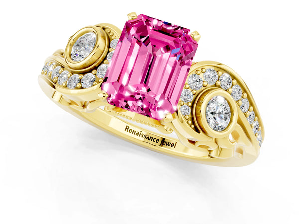 Yellow gold Emerald Cut Pink Sapphire Solitaire Ring with Milgrain Pavé Band and Four-Prong Setting