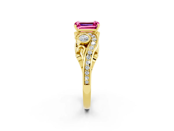 Yellow gold Emerald Cut Pink Sapphire Solitaire Ring with Milgrain Pavé Band and Four-Prong Setting
