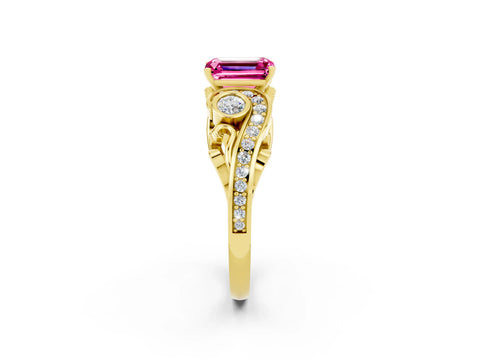 Yellow gold Emerald Cut Pink Sapphire Solitaire Ring with Milgrain Pavé Band and Four-Prong Setting_26