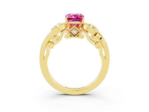 Yellow gold Emerald Cut Pink Sapphire Solitaire Ring with Milgrain Pavé Band and Four-Prong Setting_27