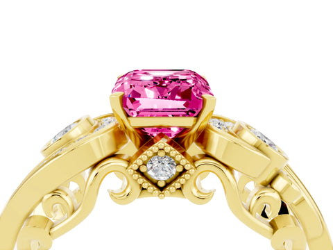 Yellow gold Emerald Cut Pink Sapphire Solitaire Ring with Milgrain Pavé Band and Four-Prong Setting_28