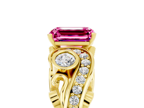 Yellow gold Emerald Cut Pink Sapphire Solitaire Ring with Milgrain Pavé Band and Four-Prong Setting_29