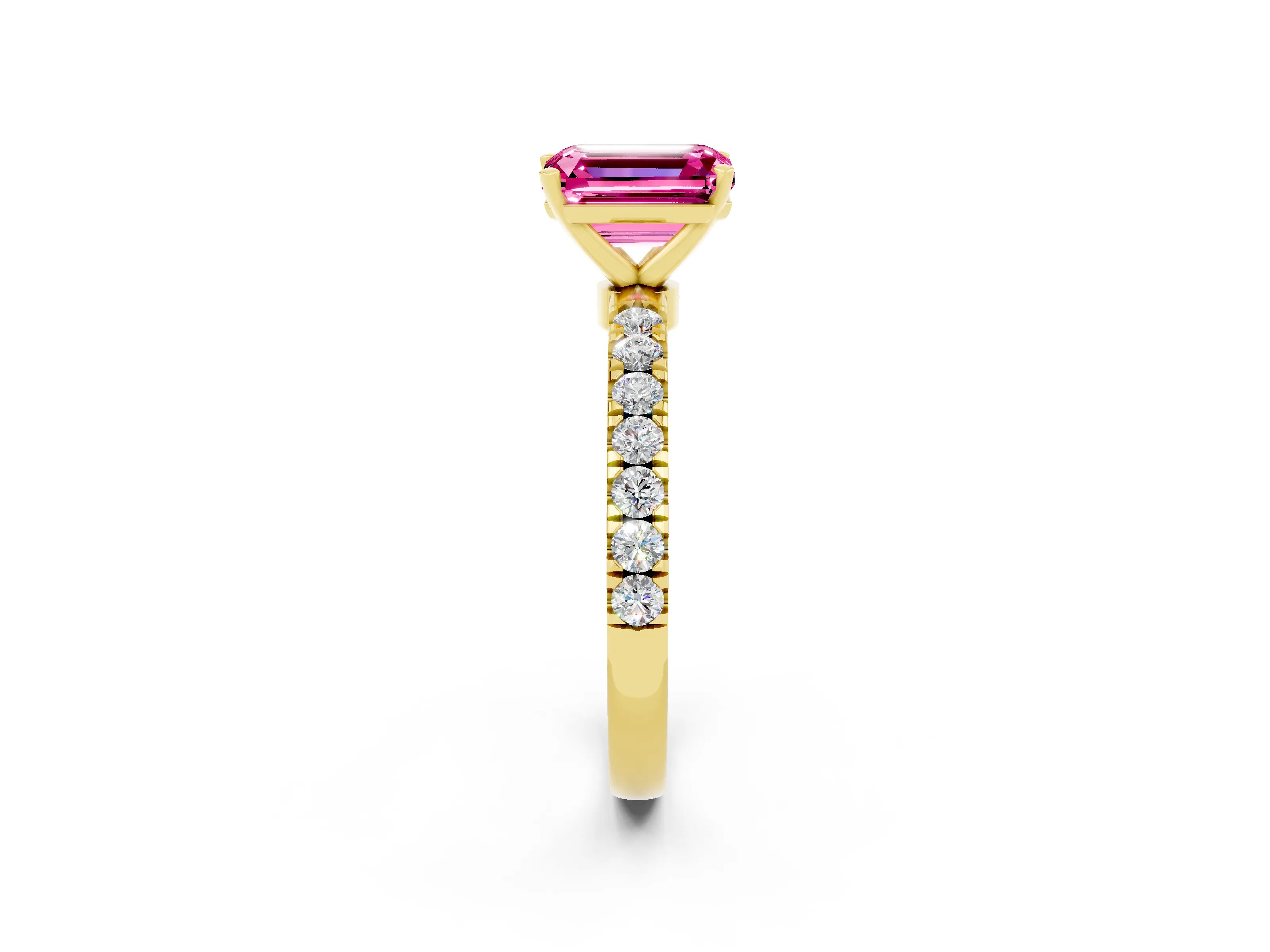 Yellow gold Emerald Cut Pink Sapphire Solitaire Ring with Pavé Accents and Four-Prong Setting_26