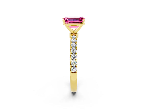 Yellow gold Emerald Cut Pink Sapphire Solitaire Ring with Pavé Accents and Four-Prong Setting