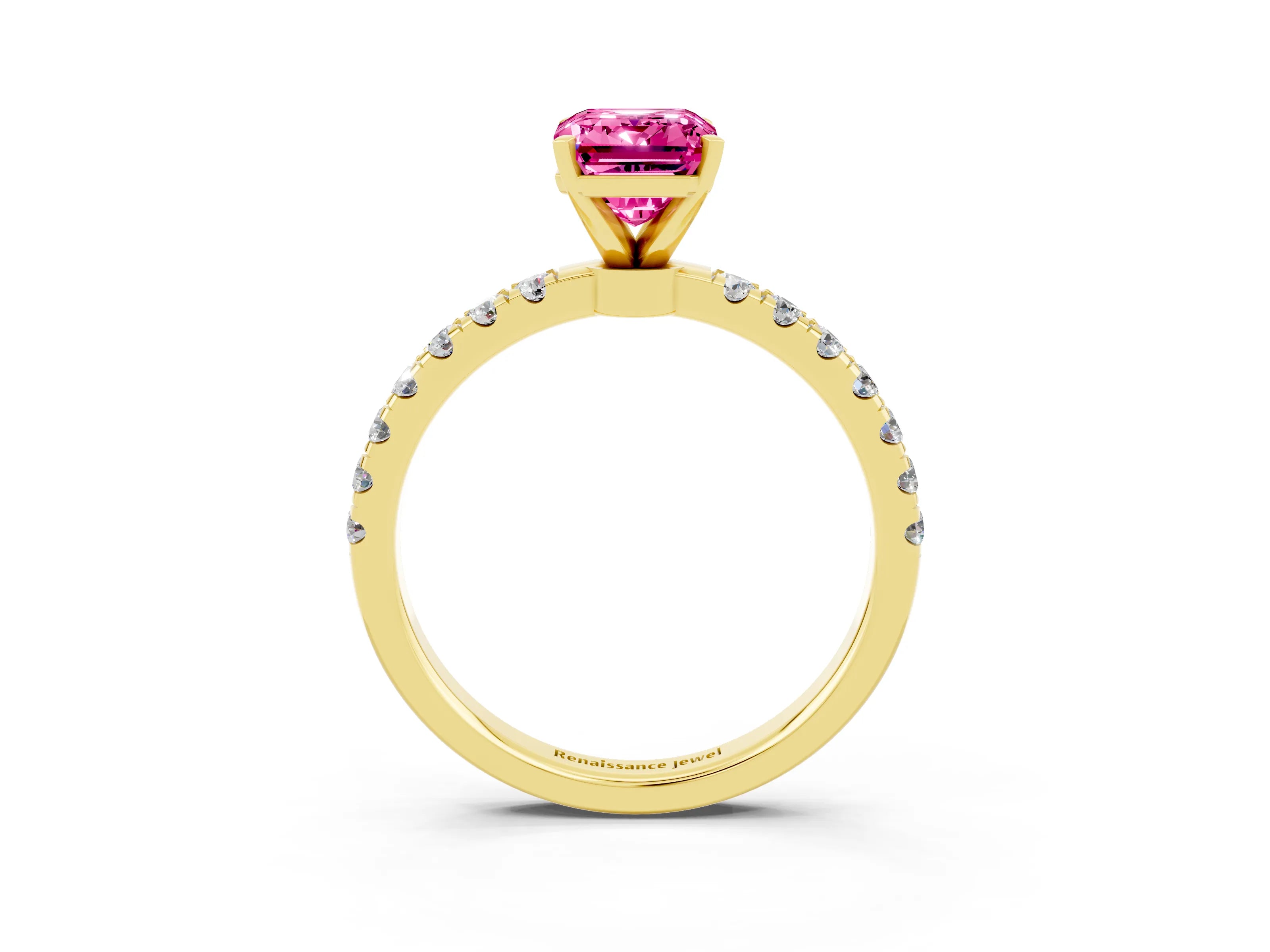 Yellow gold Emerald Cut Pink Sapphire Solitaire Ring with Pavé Accents and Four-Prong Setting_27