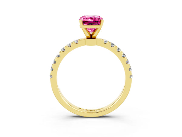 Yellow gold Emerald Cut Pink Sapphire Solitaire Ring with Pavé Accents and Four-Prong Setting