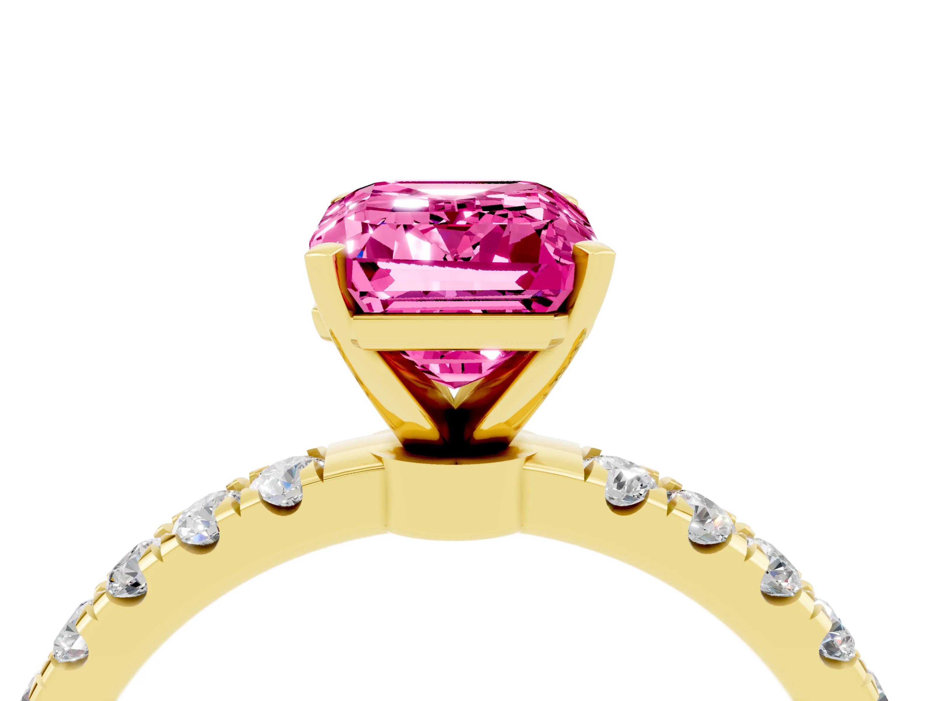 Yellow gold Emerald Cut Pink Sapphire Solitaire Ring with Pavé Accents and Four-Prong Setting_28