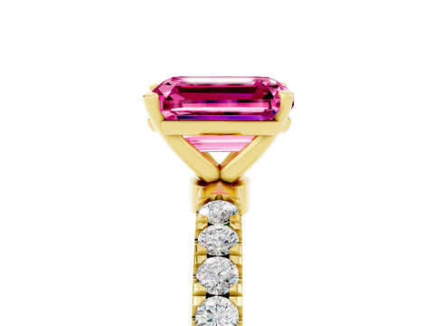 Yellow gold Emerald Cut Pink Sapphire Solitaire Ring with Pavé Accents and Four-Prong Setting_29