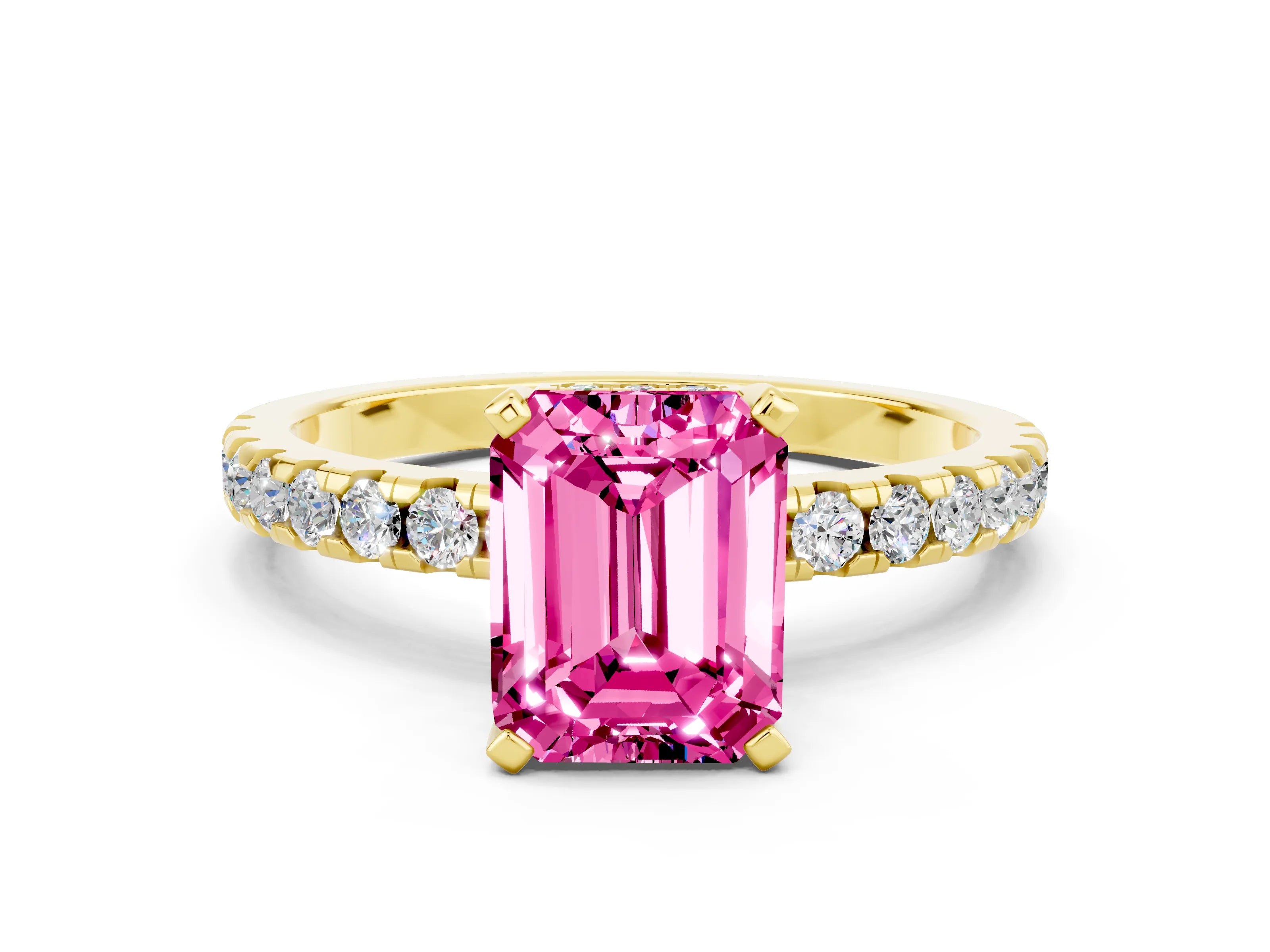 Yellow gold Emerald Cut Pink Sapphire Solitaire Ring with Pavé Band and Four-Prong Setting_60