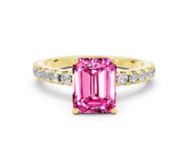 Yellow gold Emerald Cut Pink Sapphire Solitaire Ring with Round  Pavé Band and Four-Prong Setting