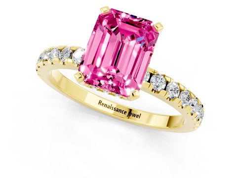 Yellow gold Emerald Cut Pink Sapphire Solitaire Ring with Pavé Band and Four-Prong Setting_61