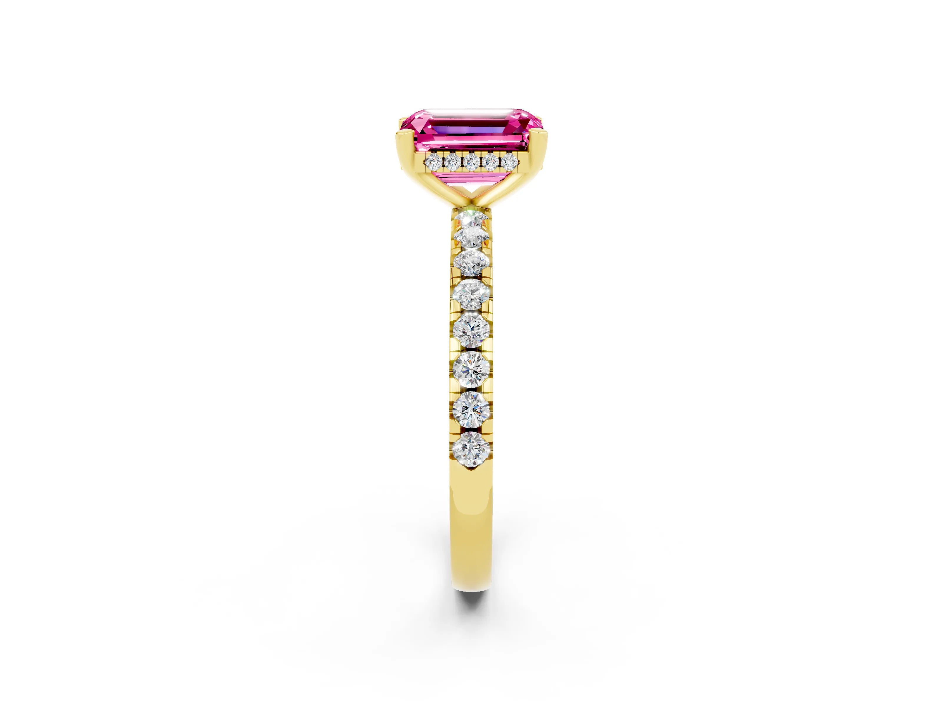 Yellow gold Emerald Cut Pink Sapphire Solitaire Ring with Pavé Band and Four-Prong Setting_62