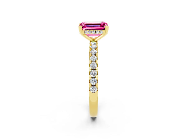 Yellow gold Emerald Cut Pink Sapphire Solitaire Ring with Round  Pavé Band and Four-Prong Setting