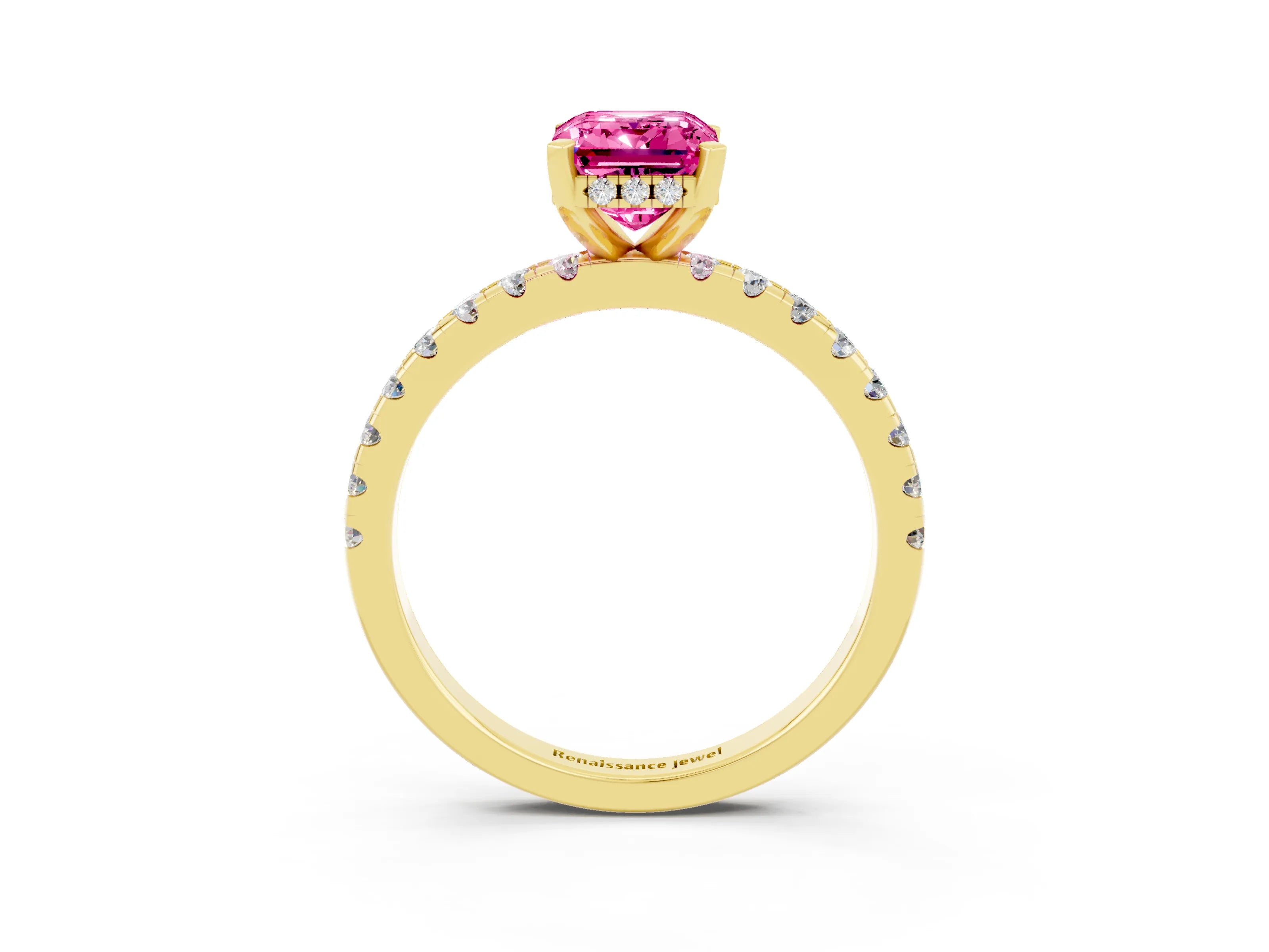 Yellow gold Emerald Cut Pink Sapphire Solitaire Ring with Pavé Band and Four-Prong Setting_63