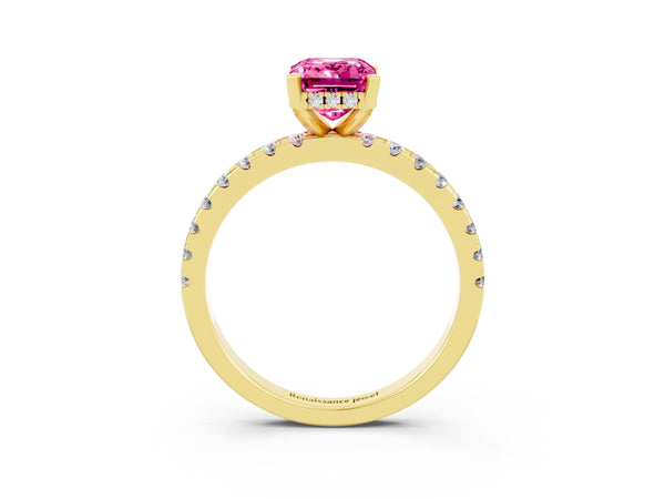 Yellow gold Emerald Cut Pink Sapphire Solitaire Ring with Round  Pavé Band and Four-Prong Setting