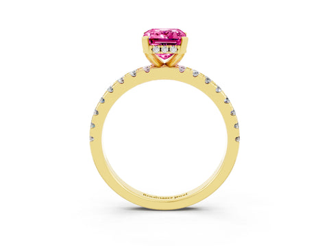 Yellow gold Emerald Cut Pink Sapphire Solitaire Ring with Pavé Band and Four-Prong Setting_63