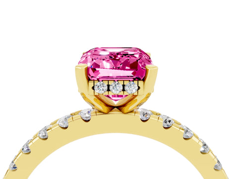 Yellow gold Emerald Cut Pink Sapphire Solitaire Ring with Pavé Band and Four-Prong Setting_64
