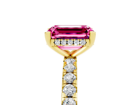 Yellow gold Emerald Cut Pink Sapphire Solitaire Ring with Pavé Band and Four-Prong Setting_65